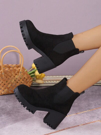 Botas Chelsea de tobillo gruesas para mujer con elástico, botas casuales de tacón grueso, zapatos para mujer, nuevas botas cortas de ante con cremallera para otoño/invierno, botas de tobillo de moda con suela gruesa, punta redonda y elástico, botas para mujer