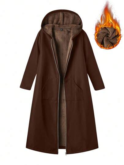 GlowEve Chaqueta larga regular de unicolor y esponjosa con capucha — estilo ZARA, precio SHEIN
