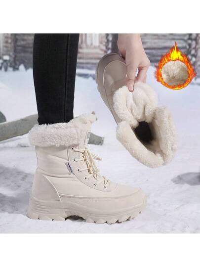 Botas de nieve para mujer, nuevas botas de invierno beige, botas de senderismo gruesas y cálidas para exteriores, botas de invierno antideslizantes y resistentes al frío, botas de cuero de PU, botas cortas para mujer, botas con cordones delanteros y esponjosas, botas altas hasta el tobillo