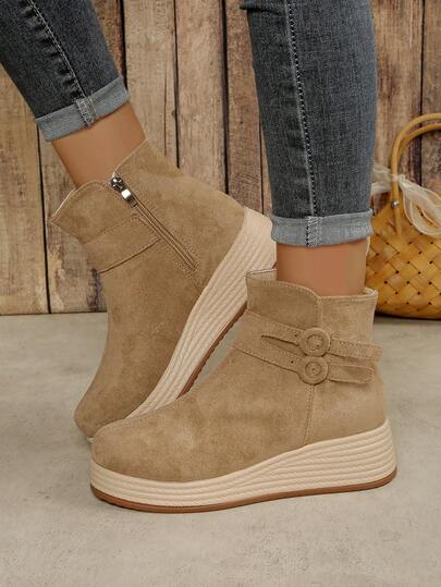 Botines de tobillo de unicolor con suela gruesa, correa con hebilla de moda y cremallera lateral, zapatos casuales cómodos para mujer
