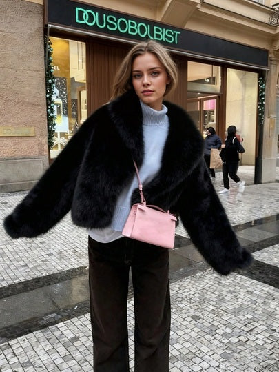 Abrigo de mujer de invierno con cuello de chal de piel sintética negra — estilo ZARA, precio SHEIN