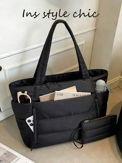 Este es un bolso de tote de gran capacidad de color negro sólido — estilo ZARA, precio SHEIN