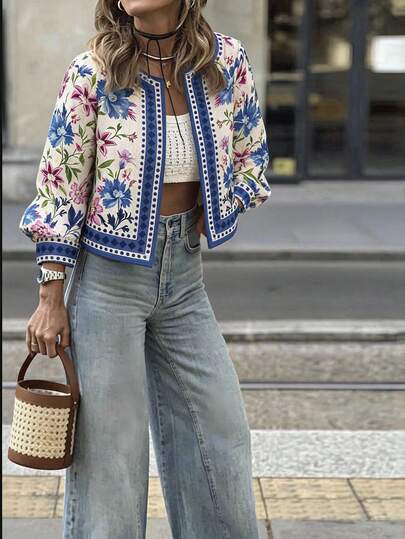 Travachic Chaqueta casual vintage boho con estampado floral de manga larga y cremallera para mujer — estilo ZARA, precio SHEIN