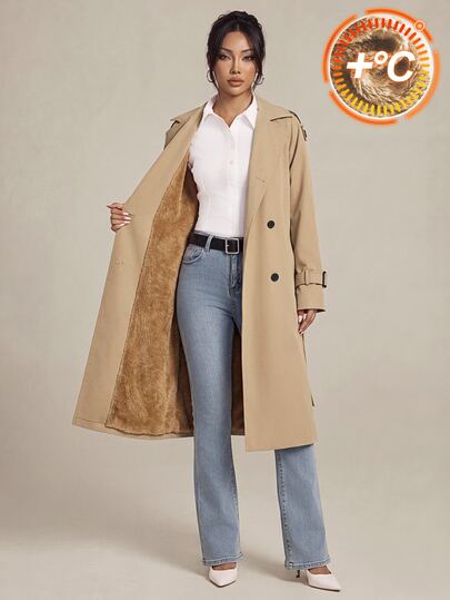 SHEIN PETITE Gabardina casual de estilo universitario con decoración y frente abierto para mujer en — estilo ZARA, precio SHEIN
